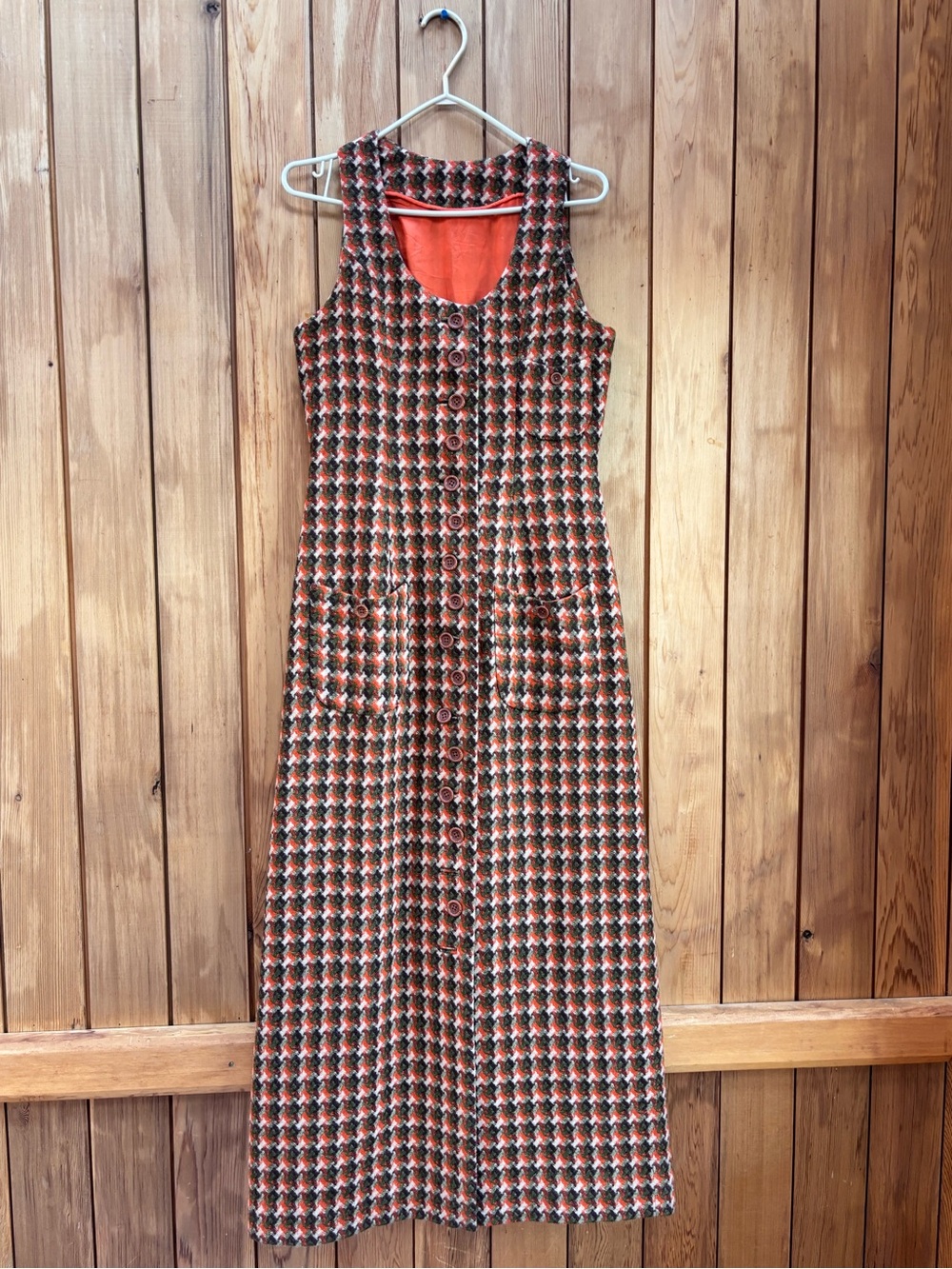 Vintage 70s Houndstooth Button Front Sleeveless Maxi Dress Vest Earthy Mod